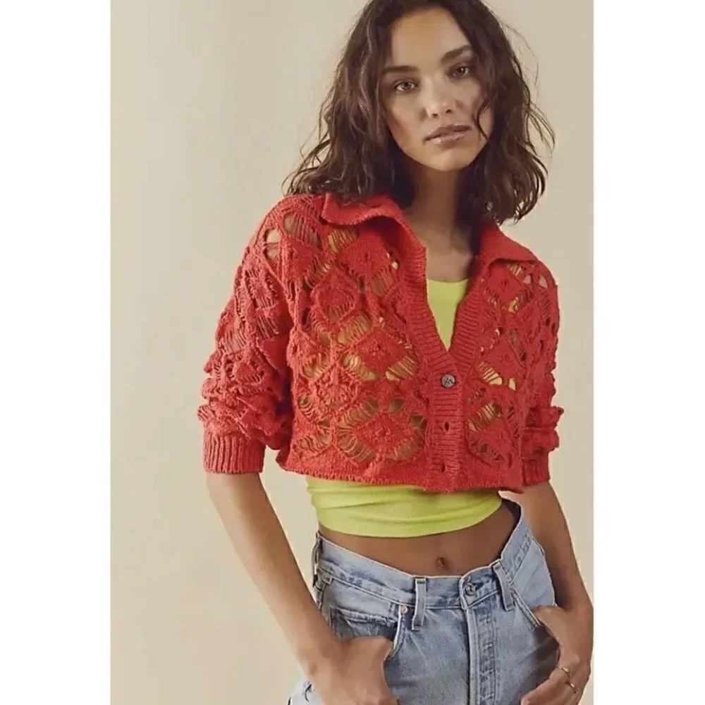 NWT Free People Sedona Open Knit Cropped Cardigan in Guava Berry, Size Small